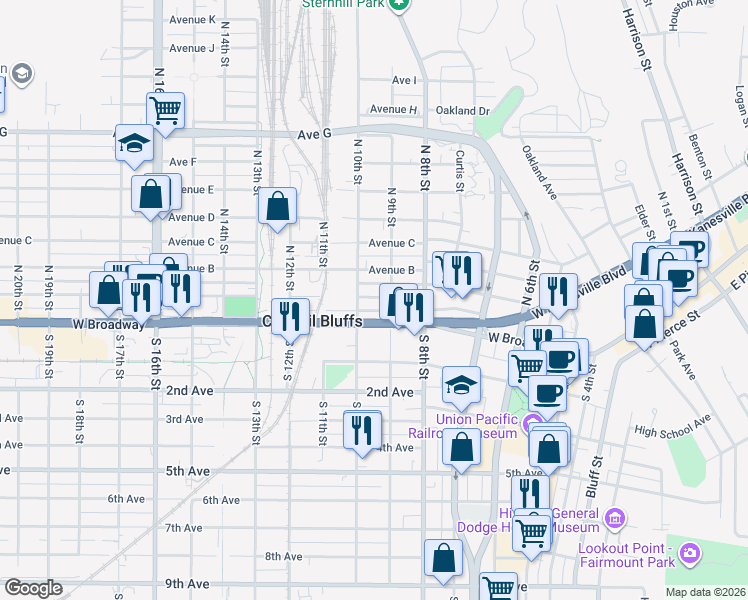 map of restaurants, bars, coffee shops, grocery stores, and more near 901 West Broadway in Council Bluffs