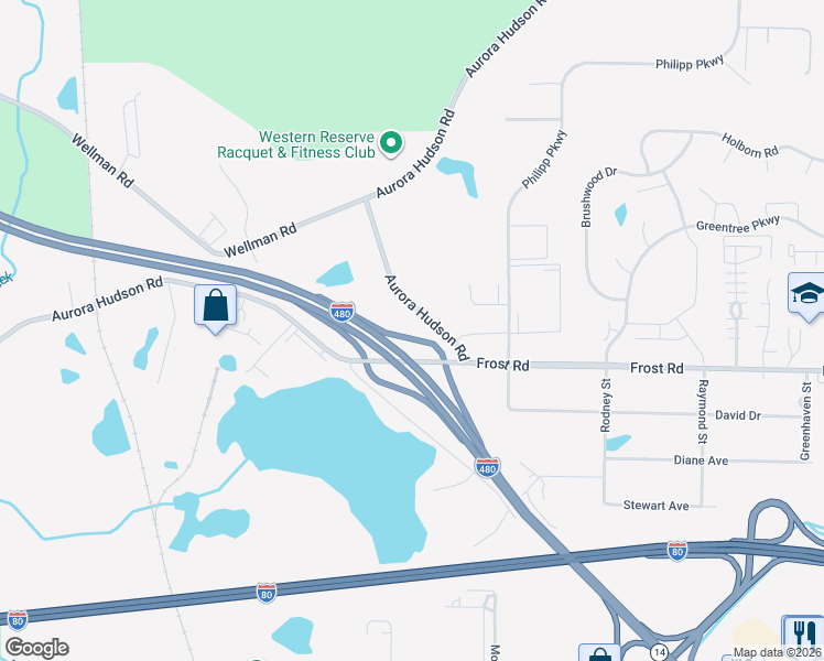 map of restaurants, bars, coffee shops, grocery stores, and more near Outerbelt S Fwy in Streetsboro