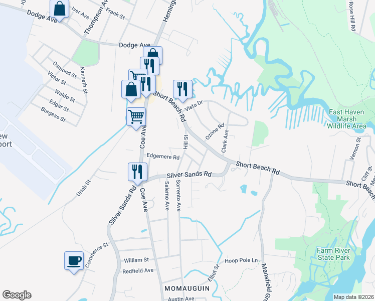 map of restaurants, bars, coffee shops, grocery stores, and more near 5 Harwich Street in East Haven