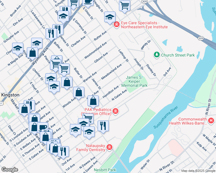map of restaurants, bars, coffee shops, grocery stores, and more near 543 Tioga Avenue in Kingston