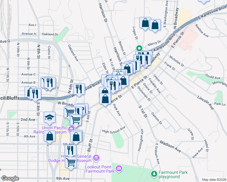 map of restaurants, bars, coffee shops, grocery stores, and more near 157 West Broadway in Council Bluffs