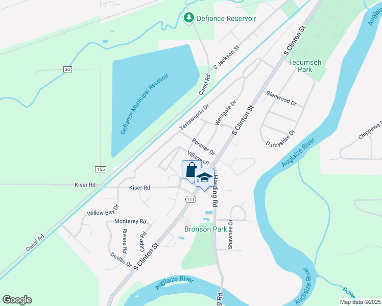 map of restaurants, bars, coffee shops, grocery stores, and more near 750 Village Lane in Defiance