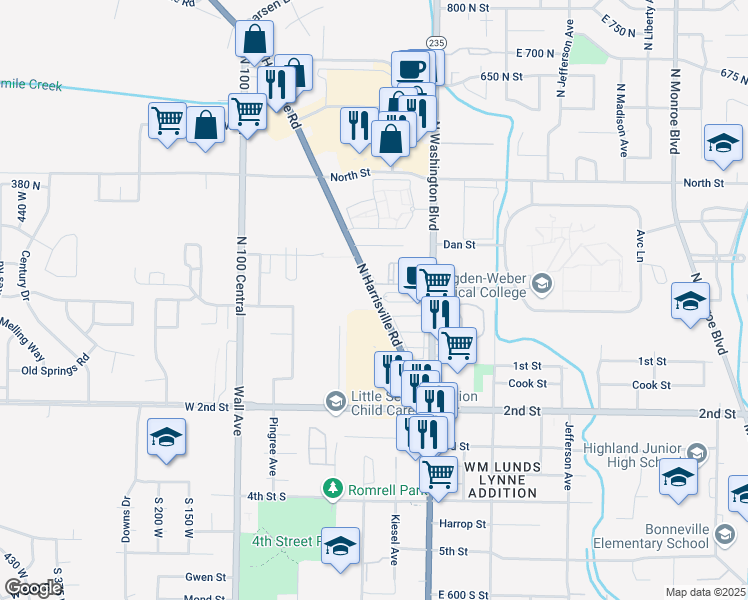 map of restaurants, bars, coffee shops, grocery stores, and more near 129 North Harrisville Road in Ogden