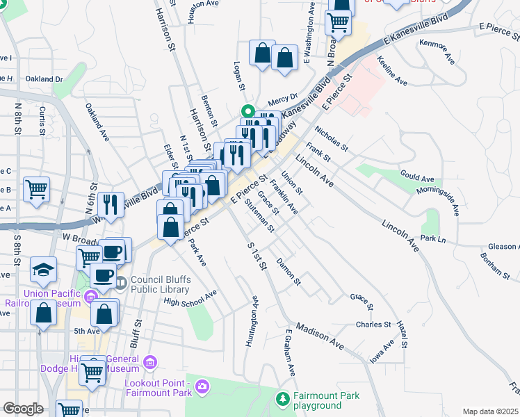 map of restaurants, bars, coffee shops, grocery stores, and more near 131 Platner Street in Council Bluffs