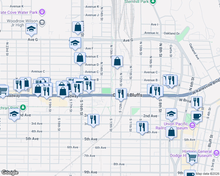 map of restaurants, bars, coffee shops, grocery stores, and more near 1311 Avenue A in Council Bluffs