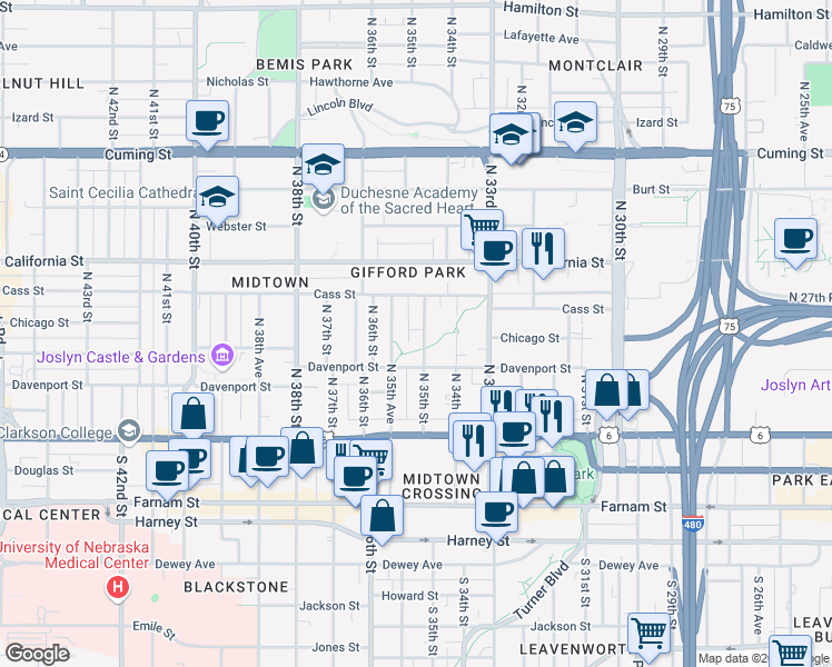 map of restaurants, bars, coffee shops, grocery stores, and more near 3424 Davenport Street in Omaha