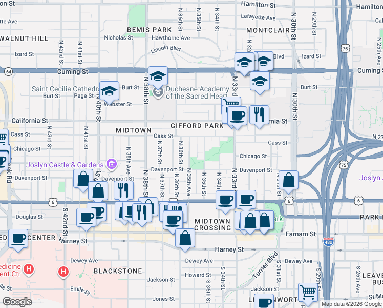 map of restaurants, bars, coffee shops, grocery stores, and more near 3554 Davenport Street in Omaha