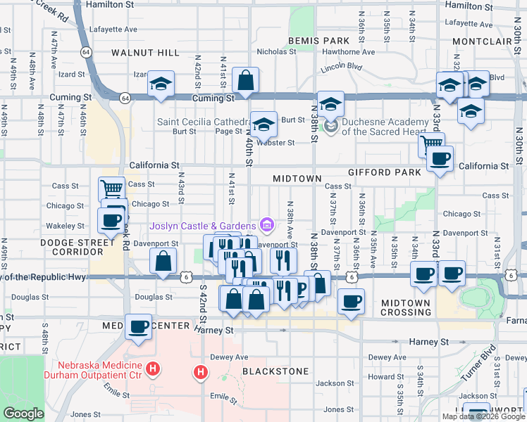 map of restaurants, bars, coffee shops, grocery stores, and more near 3902 Davenport Street in Omaha