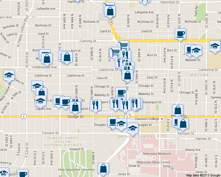 map of restaurants, bars, coffee shops, grocery stores, and more near 4613 Wakeley Street in Omaha