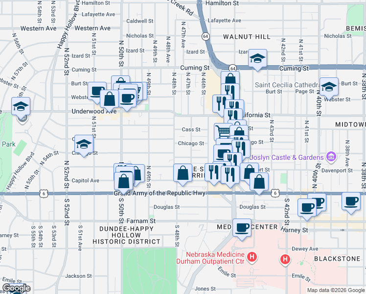 map of restaurants, bars, coffee shops, grocery stores, and more near 4719 Wakeley Street in Omaha