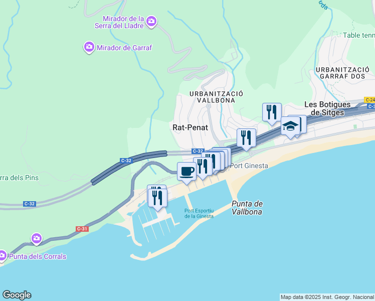 map of restaurants, bars, coffee shops, grocery stores, and more near in Les Botigues de Sitges