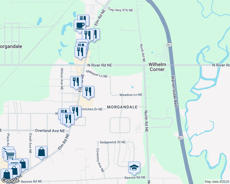 map of restaurants, bars, coffee shops, grocery stores, and more near 3120 Meadow Lane Northeast in Warren