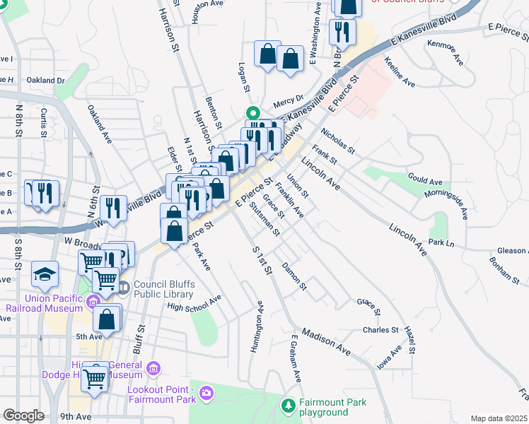 map of restaurants, bars, coffee shops, grocery stores, and more near 131 Platner Street in Council Bluffs