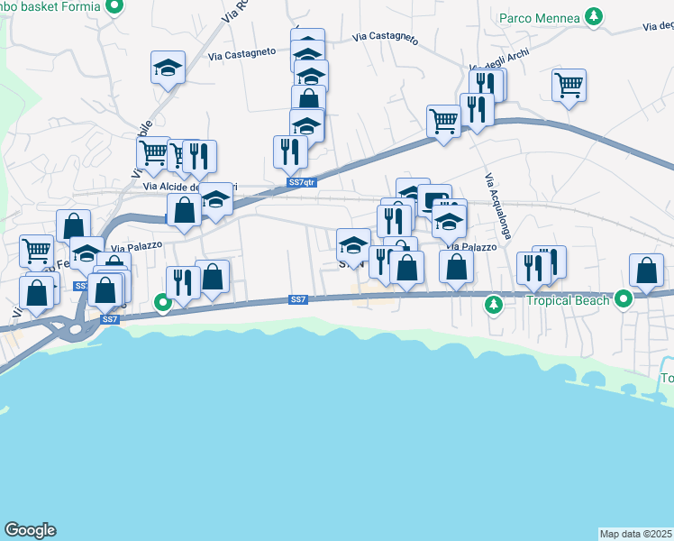 map of restaurants, bars, coffee shops, grocery stores, and more near 133 Via Appia Lato Napoli in Formia
