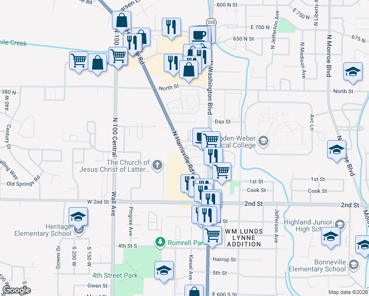 map of restaurants, bars, coffee shops, grocery stores, and more near 242 North Harrisville Road in Ogden