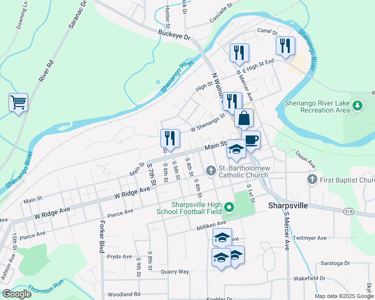 map of restaurants, bars, coffee shops, grocery stores, and more near 3-5 North 4th Street in Sharpsville