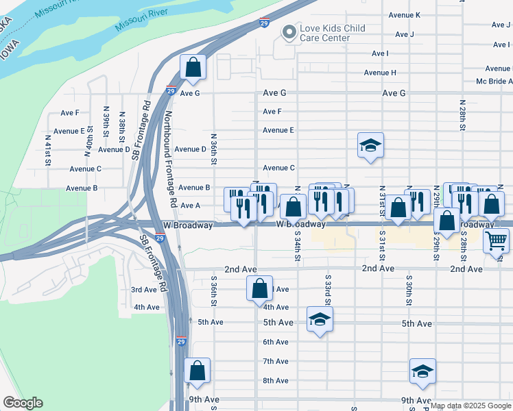 map of restaurants, bars, coffee shops, grocery stores, and more near 3509 Avenue B in Council Bluffs
