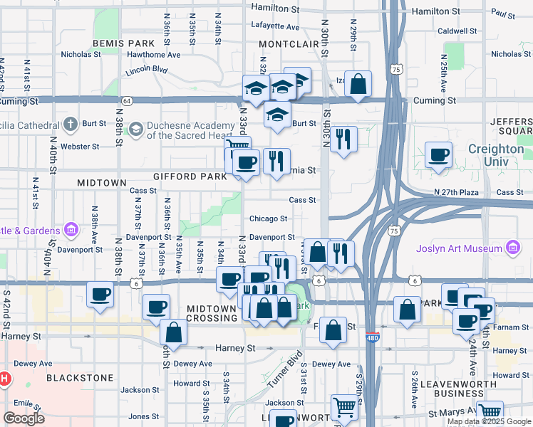 map of restaurants, bars, coffee shops, grocery stores, and more near 3130 Chicago Street in Omaha
