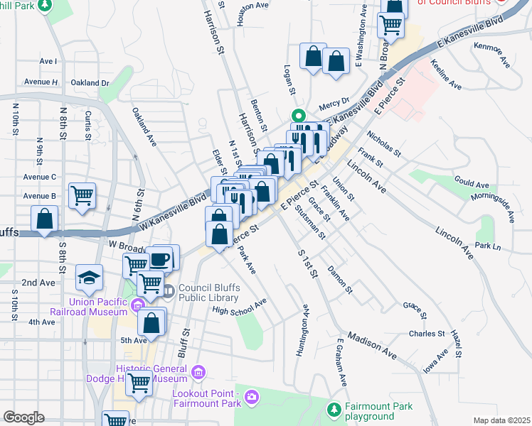 map of restaurants, bars, coffee shops, grocery stores, and more near 100 West Broadway in Council Bluffs