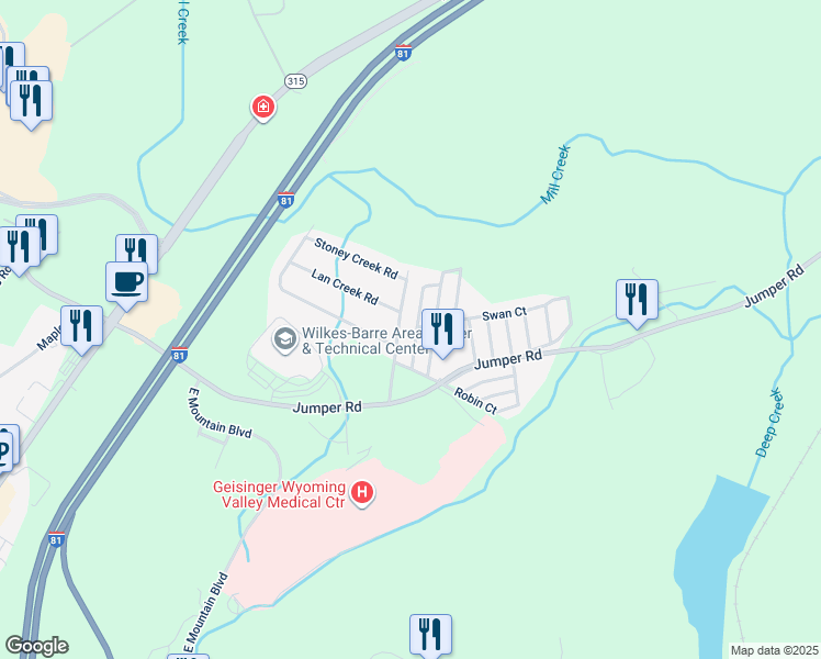 map of restaurants, bars, coffee shops, grocery stores, and more near 10 Mill Creek Rd in Wilkes-Barre