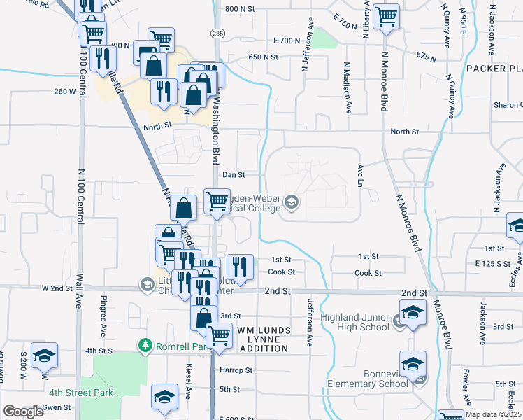 map of restaurants, bars, coffee shops, grocery stores, and more near 200 North Washington Boulevard in Ogden