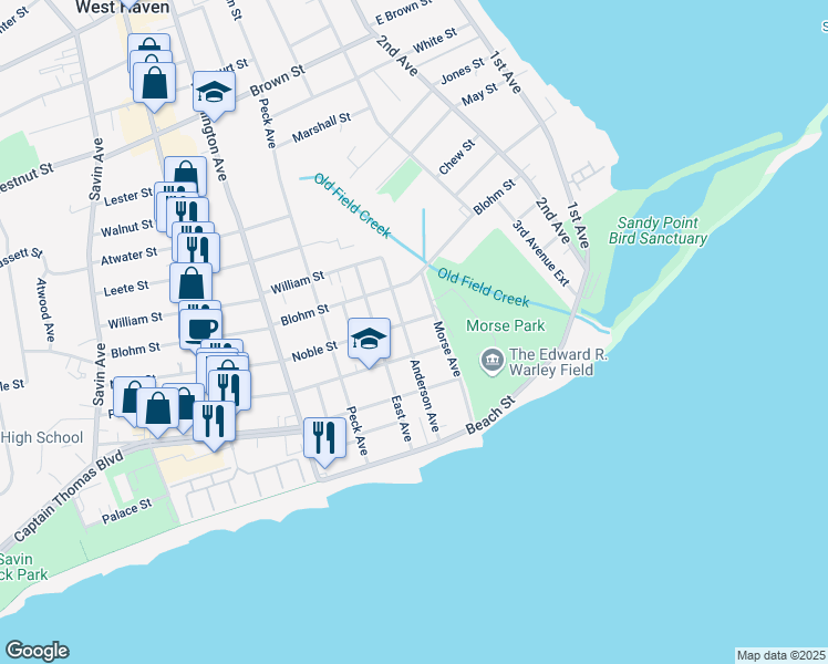 map of restaurants, bars, coffee shops, grocery stores, and more near 121 Anderson Avenue in West Haven