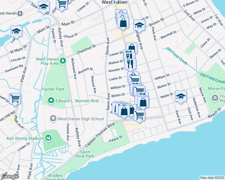 map of restaurants, bars, coffee shops, grocery stores, and more near 263 William Street in West Haven