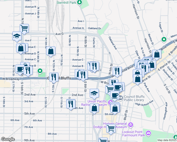 map of restaurants, bars, coffee shops, grocery stores, and more near 111 North 8th Street in Council Bluffs