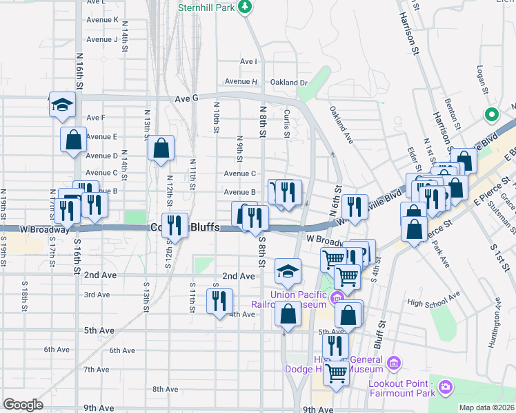 map of restaurants, bars, coffee shops, grocery stores, and more near 111 North 8th Street in Council Bluffs