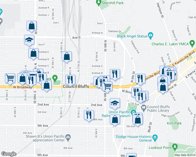 map of restaurants, bars, coffee shops, grocery stores, and more near 120 North 9th Street in Council Bluffs