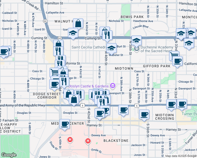 map of restaurants, bars, coffee shops, grocery stores, and more near 420 North 41st Street in Omaha