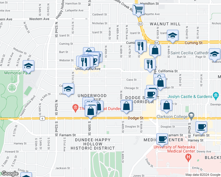 map of restaurants, bars, coffee shops, grocery stores, and more near 4808 Cass Street in Omaha