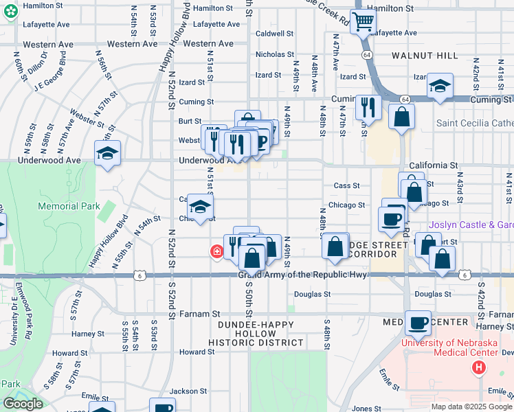 map of restaurants, bars, coffee shops, grocery stores, and more near 4918 Cass Street in Omaha
