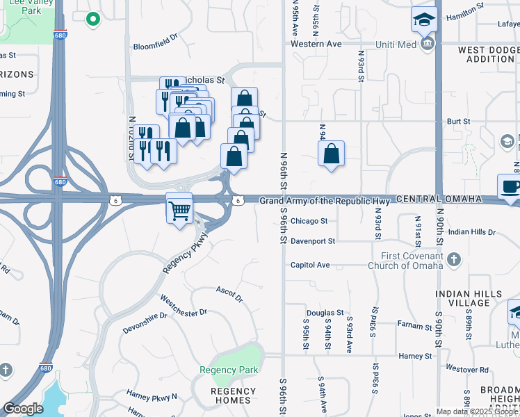 map of restaurants, bars, coffee shops, grocery stores, and more near 415 North 97th Court in Omaha