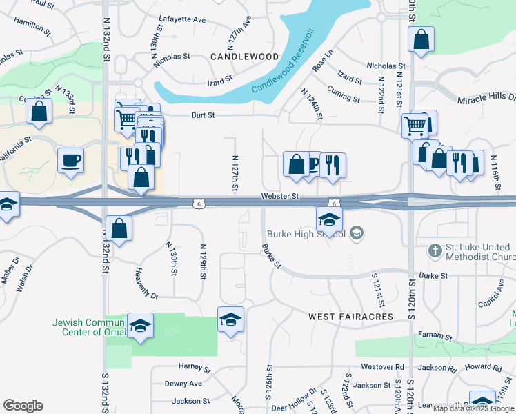 map of restaurants, bars, coffee shops, grocery stores, and more near 12200 Burke Street in Omaha