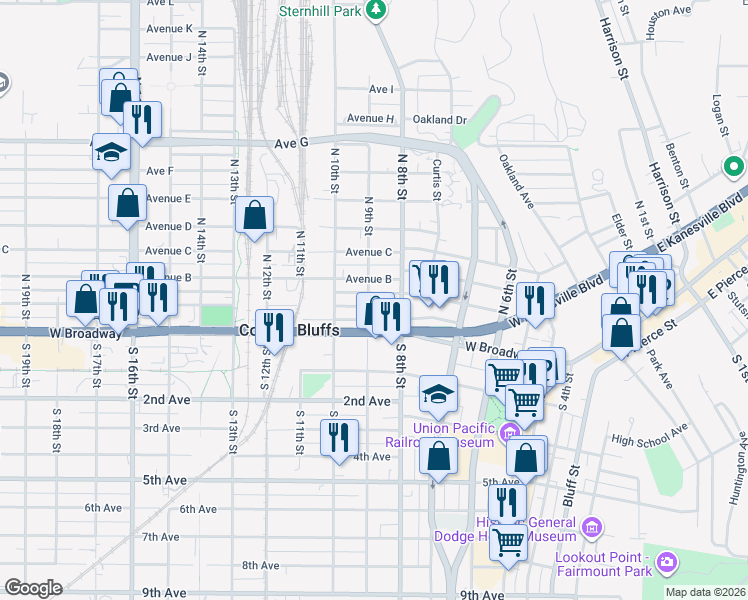 map of restaurants, bars, coffee shops, grocery stores, and more near 120 North 9th Street in Council Bluffs