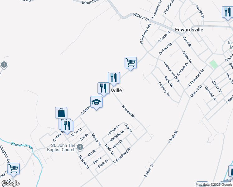 map of restaurants, bars, coffee shops, grocery stores, and more near 25 Howard Street in Larksville
