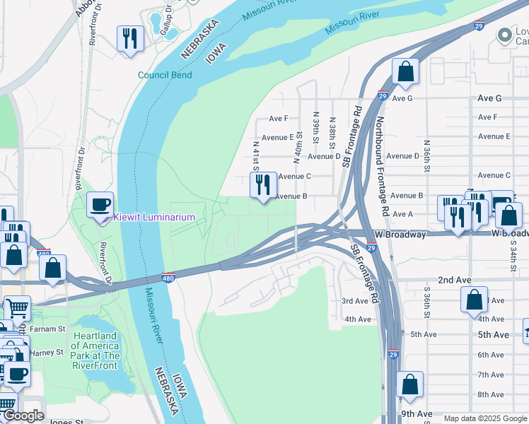 map of restaurants, bars, coffee shops, grocery stores, and more near 4104 Rivers Edge Parkway in Council Bluffs