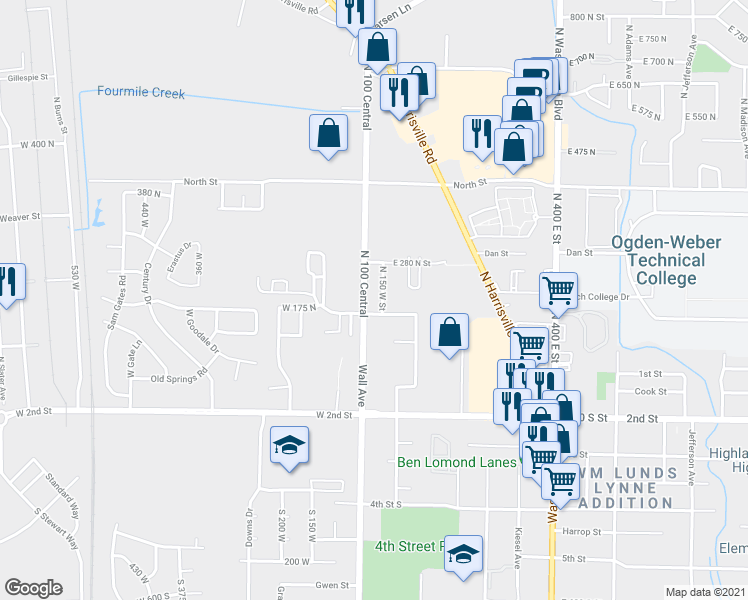 map of restaurants, bars, coffee shops, grocery stores, and more near 185 North 150 West Street in Ogden