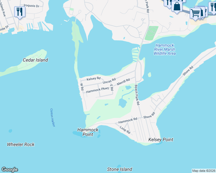 map of restaurants, bars, coffee shops, grocery stores, and more near 5 Hammock Parkway in Clinton