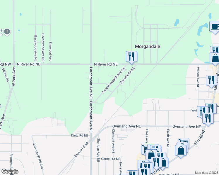 map of restaurants, bars, coffee shops, grocery stores, and more near in Warren