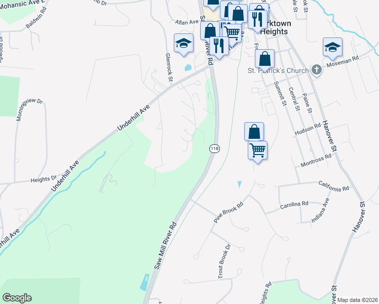 map of restaurants, bars, coffee shops, grocery stores, and more near 53 Scenic View Drive in Yorktown Heights