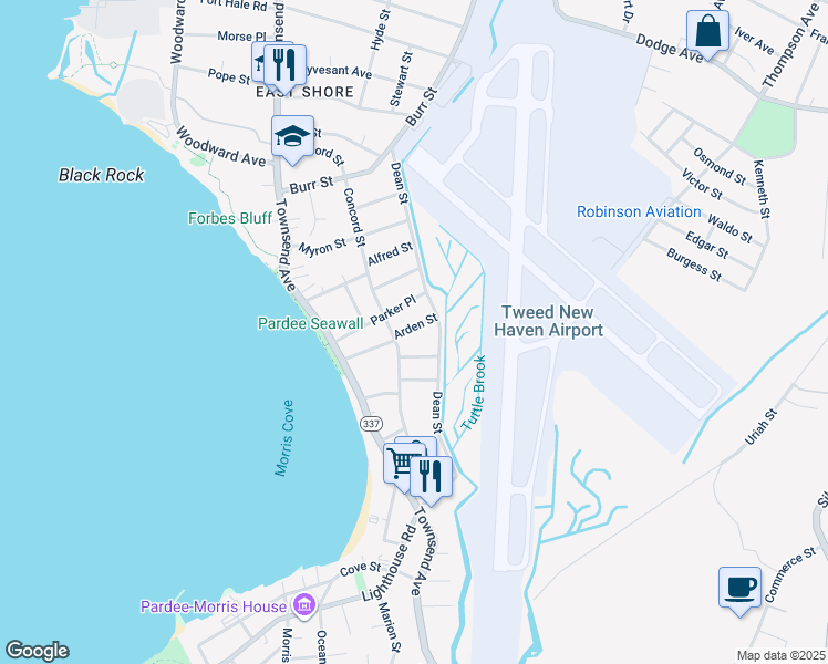 map of restaurants, bars, coffee shops, grocery stores, and more near 40 Arden Street in New Haven