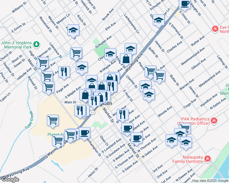 map of restaurants, bars, coffee shops, grocery stores, and more near 270-284 Wyoming Avenue in Kingston