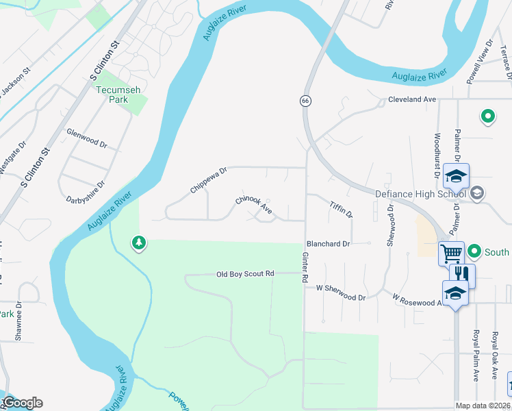 map of restaurants, bars, coffee shops, grocery stores, and more near 608 Chinook Avenue in Defiance