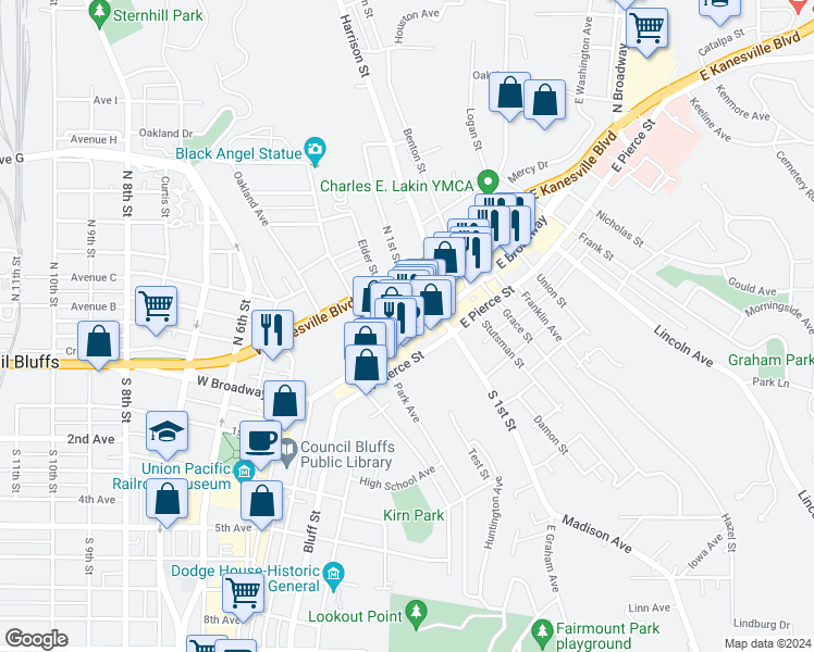 map of restaurants, bars, coffee shops, grocery stores, and more near 130 Vine Street in Council Bluffs