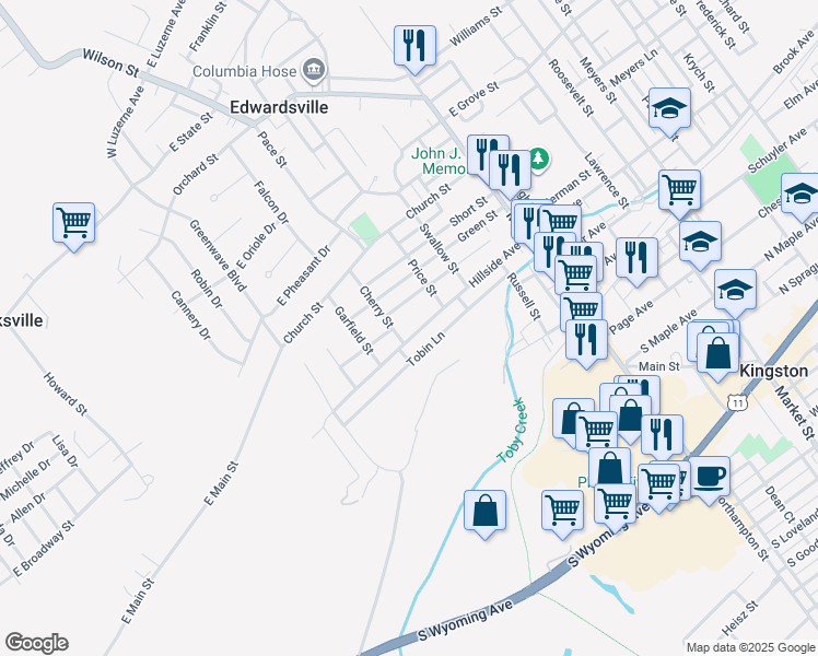 map of restaurants, bars, coffee shops, grocery stores, and more near 197 Hillside Avenue in Edwardsville