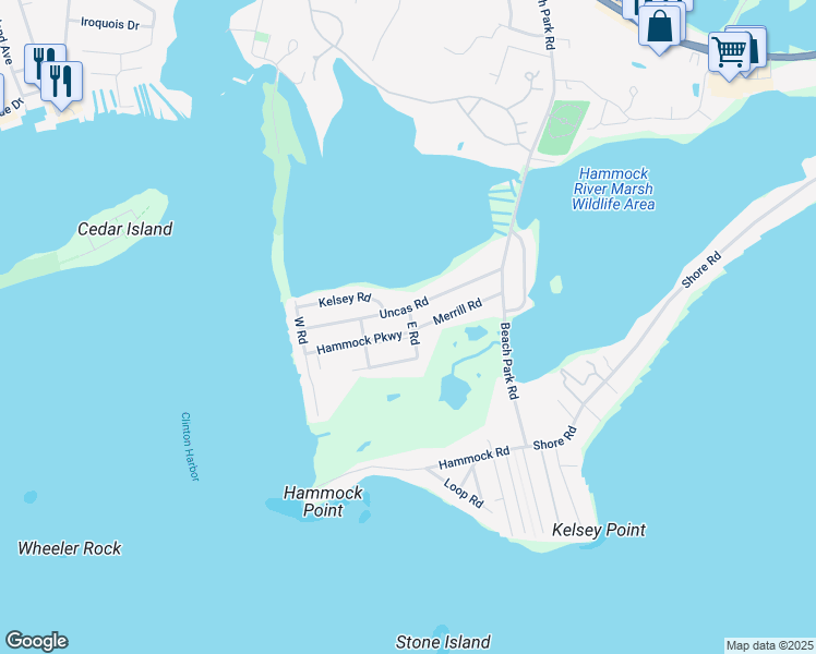 map of restaurants, bars, coffee shops, grocery stores, and more near 3 Hammock Parkway in Clinton