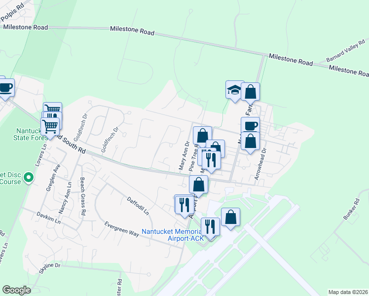 map of restaurants, bars, coffee shops, grocery stores, and more near 14 Pine Crest Drive in Nantucket