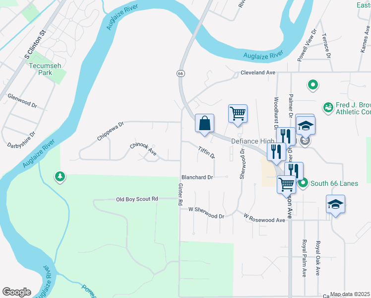 map of restaurants, bars, coffee shops, grocery stores, and more near 1748 Ginter Road in Defiance